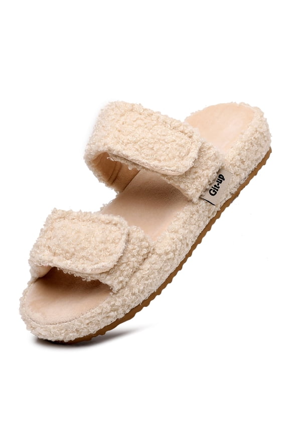 Women's Arch Support Slippers with Two Adjustable Hook & Loop Closure, Durable EVA Sole for Indoor/Outdoor, BEIGE 7/8