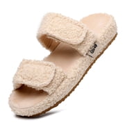 Women's Arch Support Slippers with Two Adjustable Hook & Loop Closure, Durable EVA Sole for Indoor/Outdoor, BEIGE 8.5/9.5