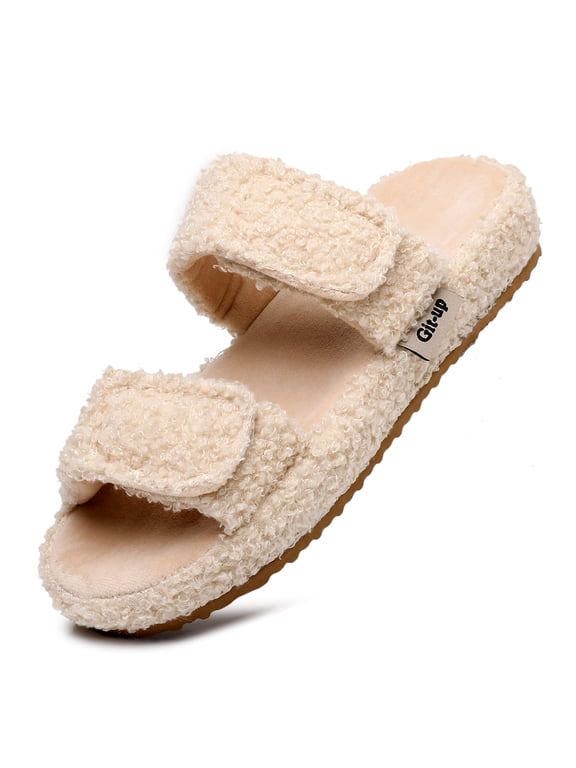 Women's Arch Support Slippers with Two Adjustable Hook & Loop Closure, Durable EVA Sole for Indoor/Outdoor, BEIGE 8.5/9.5