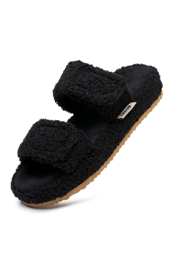 Women's Arch Support Slippers with Two Adjustable Hook & Loop Closure, Durable EVA Sole for Indoor/Outdoor, BLACK 7/8