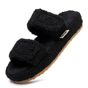 Womens Arch Support Slippers with Two Adjustable Hook & Loop Closure, Durable EVA Sole for Indoor/Outdoor, BLACK 8.5/9.5