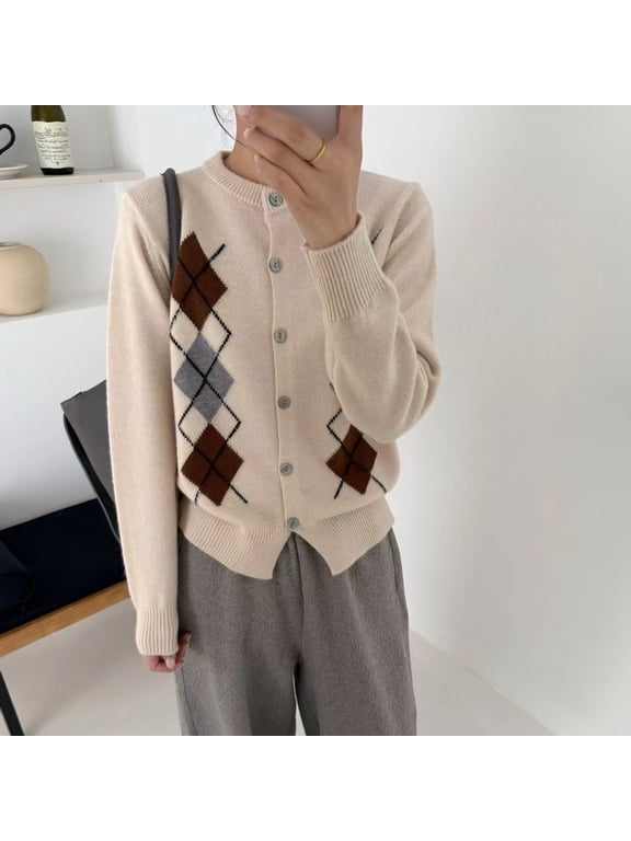 Women's Argyle Cardigan Sweater with Button Front, Crew Neck Midweight Knit, Sizes M-XL