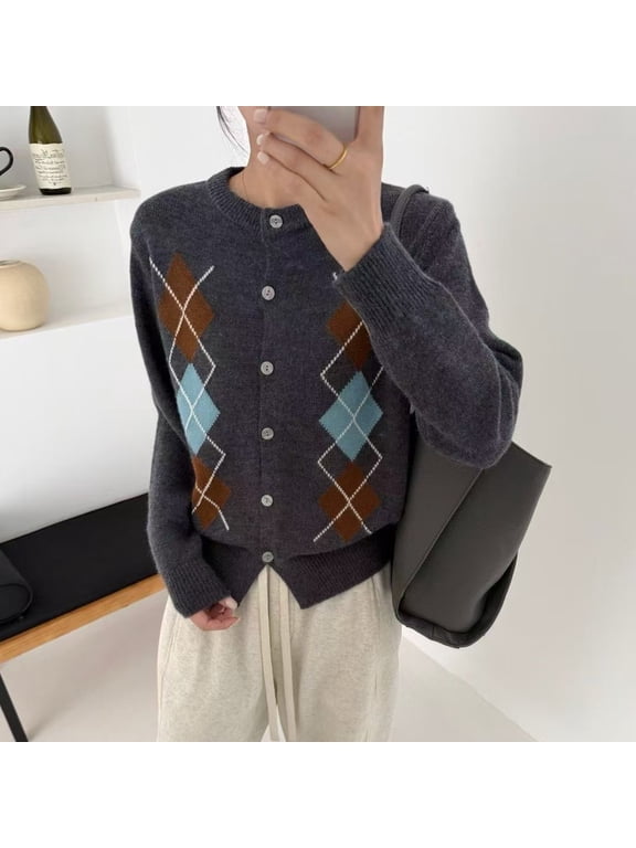 Women's Argyle Cardigan Sweater with Button Front, Crew Neck Midweight Knit, Sizes M-XL
