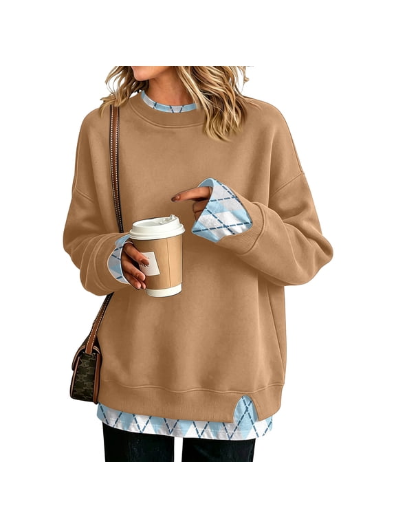 Women's Argyle Contrast Sweatshirt, Long Sleeve Crew Neck Pullover Casual Relaxed Fit Top with Side Slits