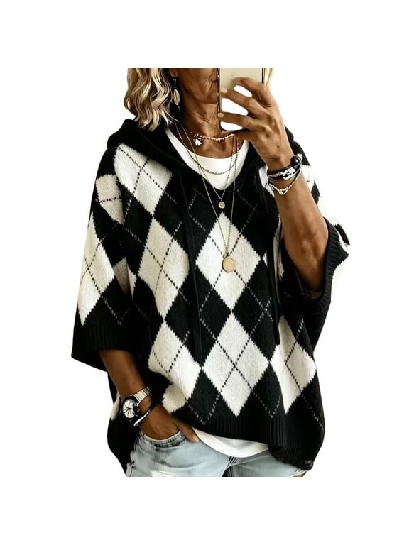 Women's Argyle Hooded Sweater Half Sleeve Loose Knit Pullover Drawstring Casual Hoodie Tops, S