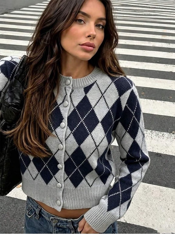 Women's Argyle Knit Cardigan, Button Down Crew Neck Long Sleeve Top, Cropped Ribbed Hem Shirt, Preppy Vintage Layering Wear for Fall