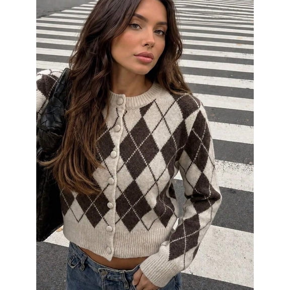 Women's Argyle Knit Sweater, Round Neck Casual Pullover Top