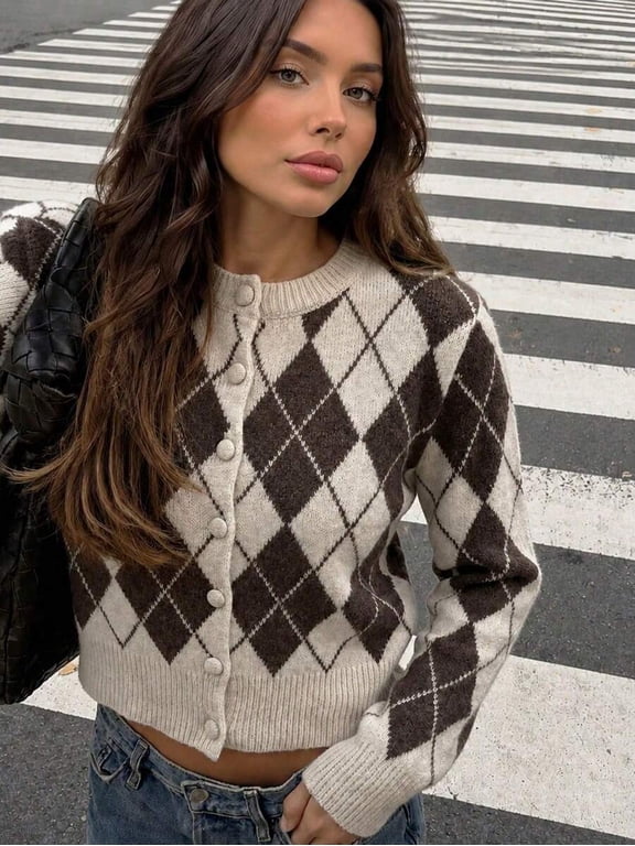 Women's Argyle Knit Sweater, Round Neck Casual Pullover Top