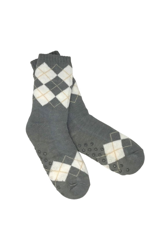 Womens Argyle Pattern Sherpa Lined Slipper Socks in Light Gray and White, Non-Slip, One Size
