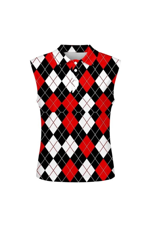 Women's Argyle Pattern Sleeveless Polo Top â Elegant Collared Knit Blouse Available in Sizes S to XXXL, for Summer Everyday Wear
