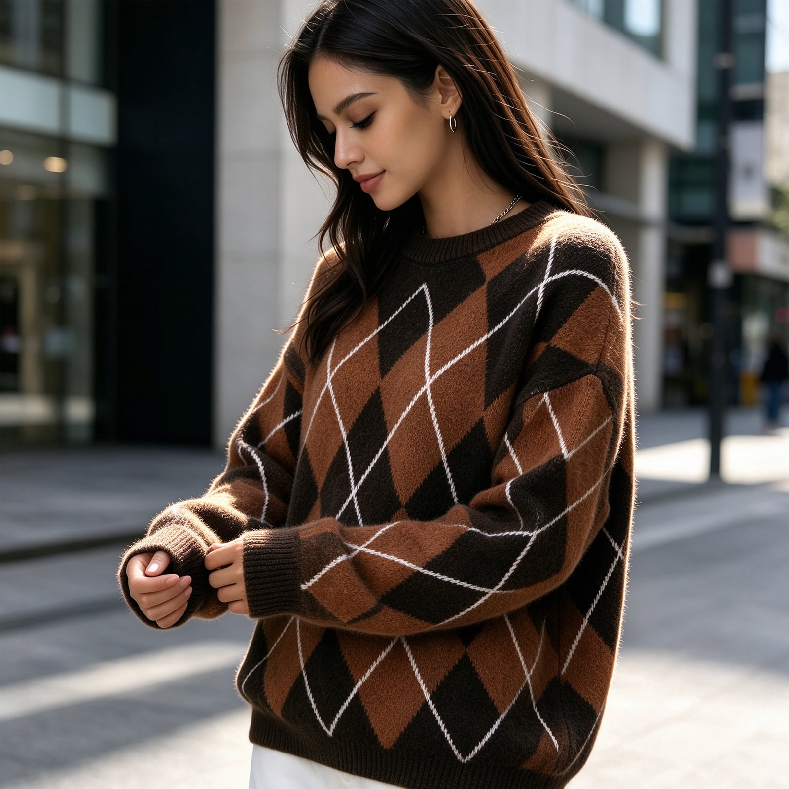 Women's Argyle Sweater, Loose Fit Crewneck Knit Pullover with Long ...