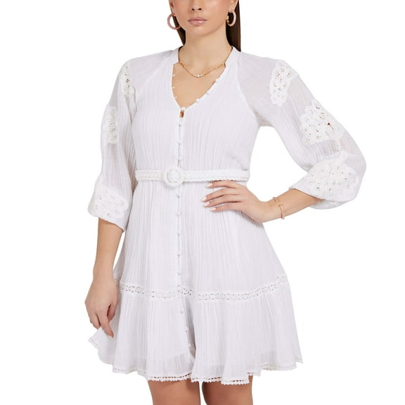 Women's Arita Belted Crochet-Detail Shirtdress Pure White M