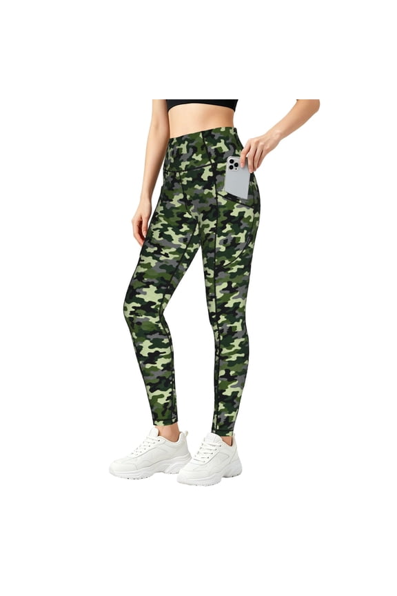 Women's Army Camouflage High Waisted Yoga Leggings with Pockets, Tummy Control Non See Yoga Pants Small