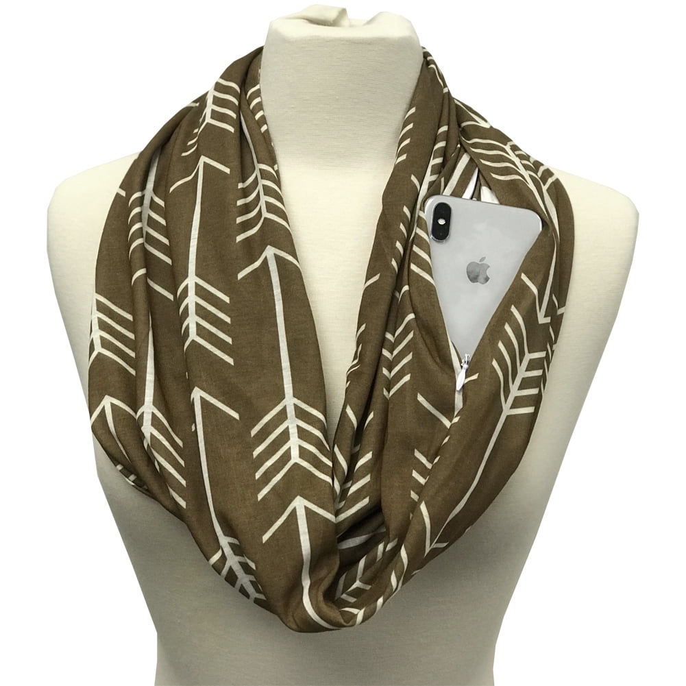 Women's Arrow Patterned Infinity Scarf with Zipper Pocket (Golden Brown