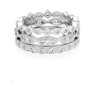 Women's Art Deco Style Fine Silver Plate Stackable Ring Set of 3 with AAA Cubic Zirconia Size 8 for Everyday Wear.