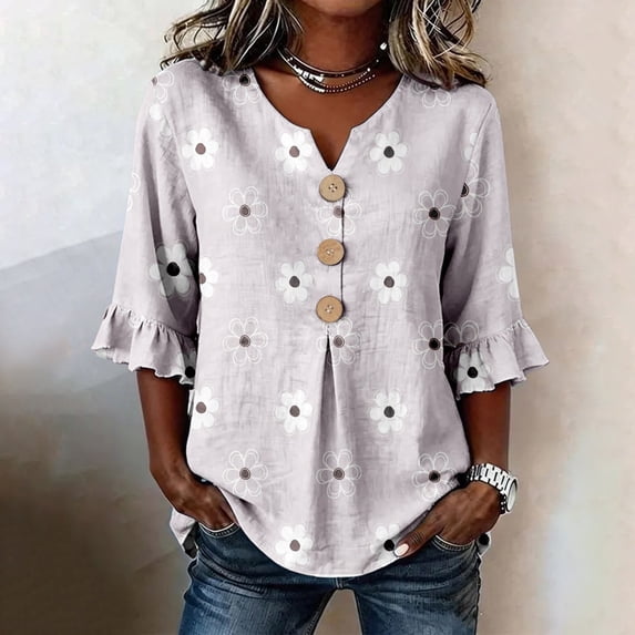 Women's Art Print Blouse V Neck 3/4 Sleeve Button Decor Loose Fit Top for Summer Retro Shirt