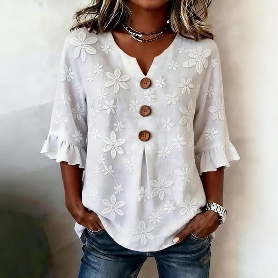 Women's Art Print Blouse V Neck 3/4 Sleeve Button Decor Loose Fit Top for Summer Retro Shirt