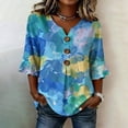 thumbnail image 1 of Women's Art Print Blouse V Neck 3/4 Sleeve Button Decor Loose Fit Top for Summer Retro Shirt, 1 of 4