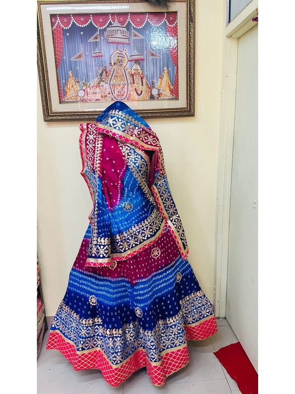 Women’s Art Silk Lehenga Choli with Gota Patti Work, Stitched Ethnic Skirt, Unstitched Blouse Piece and Dupatta for Weddings (Blue pink shade )