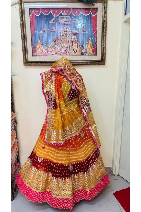 Women’s Art Silk Lehenga Choli with Gota Patti Work, Stitched Ethnic Skirt, Unstitched Blouse Piece and Dupatta for Weddings (Yellow brown shade)