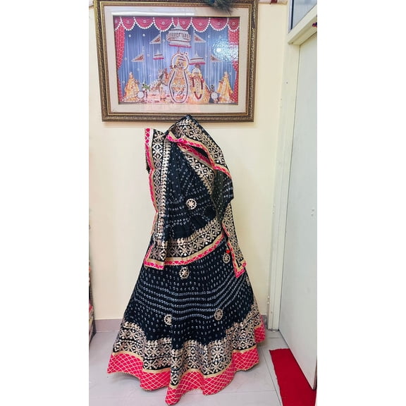 Women’s Art Silk Lehenga Choli with Gota Patti Work, Stitched Indian Ethnic Skirt, Unstitched Blouse Fabric and Dupatta for Weddings (Black )