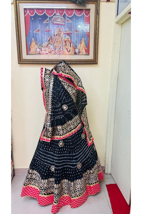 Women’s Art Silk Lehenga Choli with Gota Patti Work, Stitched Indian Ethnic Skirt, Unstitched Blouse Fabric and Dupatta for Weddings (Black )