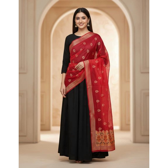 Womens Art Silk Red Dupatta with Golden Paisley Print and Embroidered Border, Traditional Indian Ethnic Scarf, Festive Wear-2.25 Meter