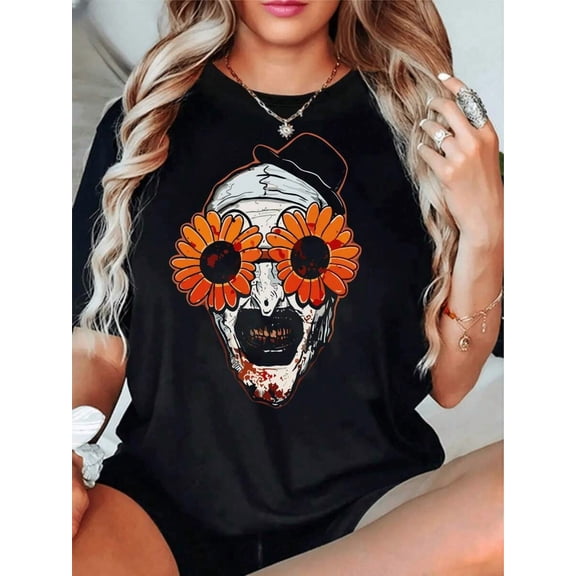 Women's Art The Clown Terrifier 2 Sunflower Sunglasses HorrorT-Shirt, Women's 220g Round Neck Casual Heavy Pure Cotton T-Shirt (1 PC)2025
