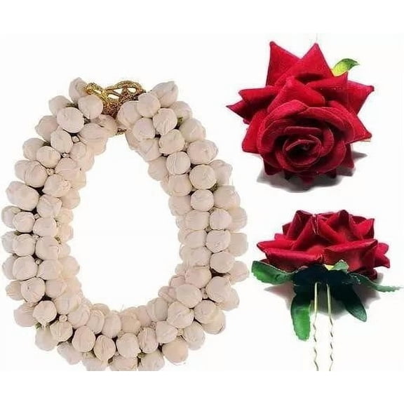 Women's Artifical Hair Bun Mogra Flower 1 Gajra/Mogra And 2 Rose U Pin Juda Hair Clip | Styling Set For Women And Girls