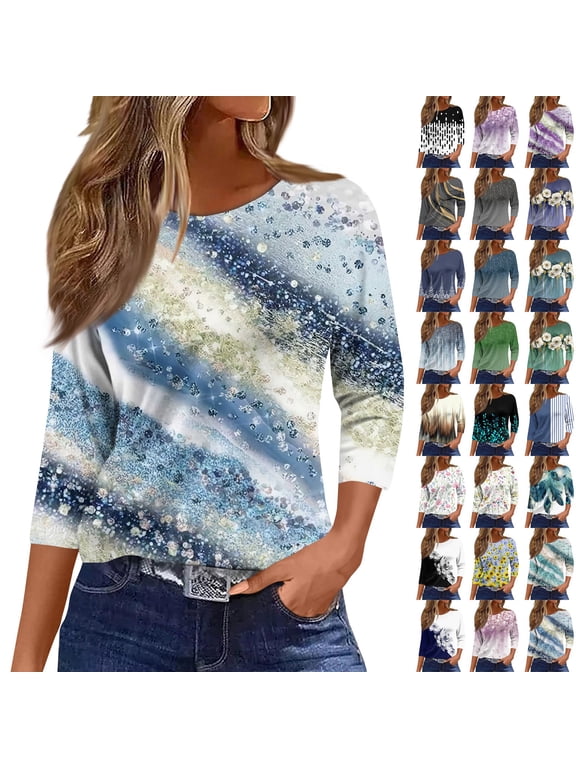 Women's Artistic Peacock Feather Print 3/4 Sleeve Top Round Neck Loose Fit Casual Fashion Blouse for Daily Vacation S