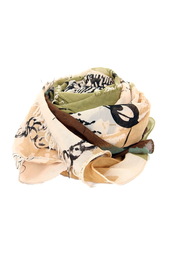 Women's Artistic Print Fringy Polyester Scarf Beige/Green Scarf Wrap 40 x 70 inches