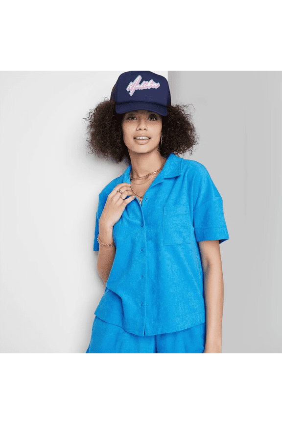 Women's Ascot + Hart Terry Cloth Short Sleeve Button-Down Graphic Top - Blue, Large