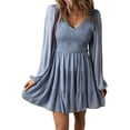 thumbnail image 1 of Women's Ashleigh Blue Long Sleeve V Neck Smocked Tiered Mini Dress for All Occasions | [ZhiHiMeRi] | (US 12-14)L, 1 of 12