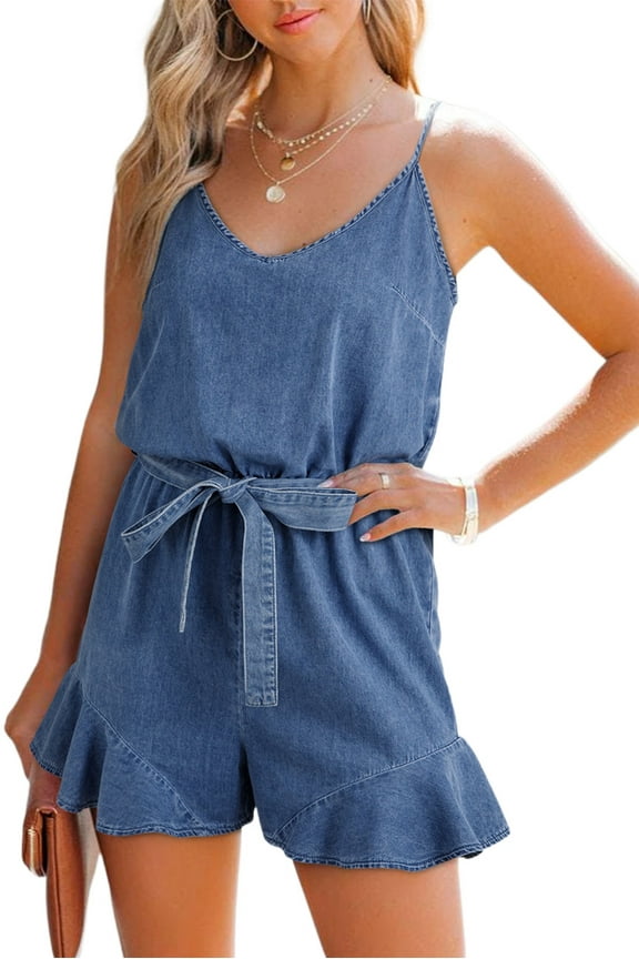 Women's Ashleigh Blue Spaghetti Straps V Neck Belted Ruffled Leg Chambray Romper | [ZhiHiMeRi] | (US 16-18)XL