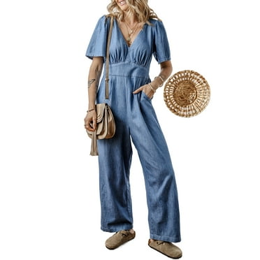 Women's Ashleigh Blue V Neck Short Sleeve Denim Loose Jumpsuit with Smocked Back | [ZhiHiMeRi] | (US 12-14)L