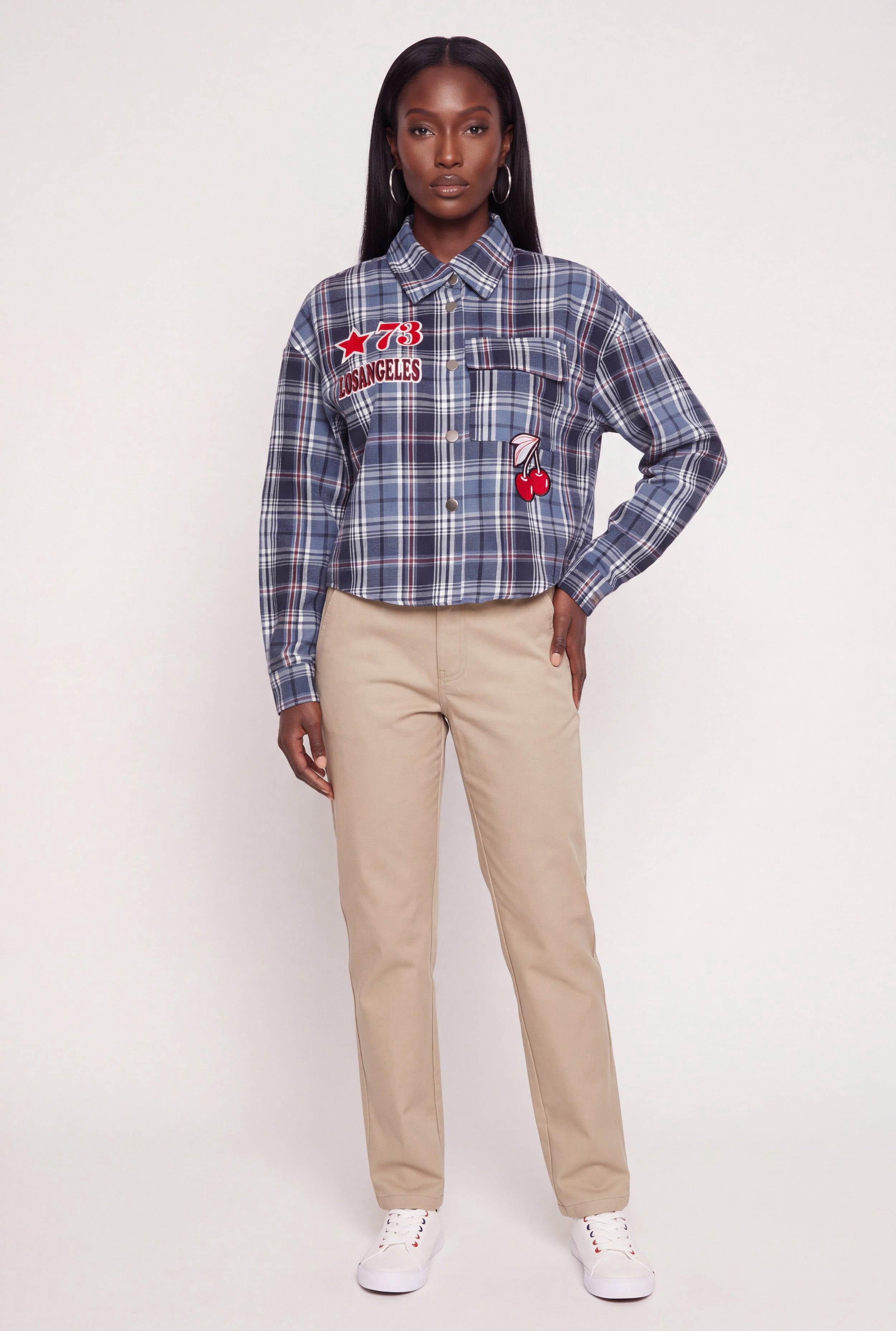 Graphics Snap Falling Women's Assorted Patch Plaid Graphic Snap Button Front Shirt - Walmart.com