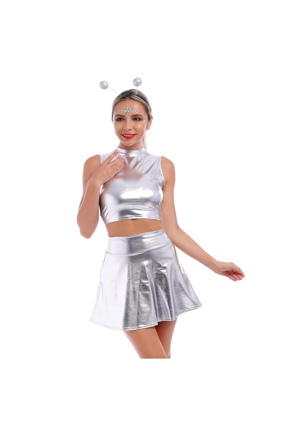 Women's Astronaut Space Suit Pretty Girl Dress Up Planet Silver Tin Man Uniform Performance Dress Up Three Piece Set Light Gray M