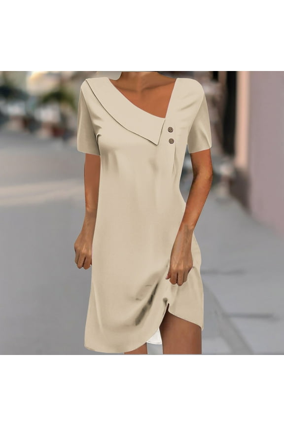 Women's Asymmetric Button-Front Midi Dress, Short Sleeve, Modern Casual & Office Wear, Soft Rayon Blend