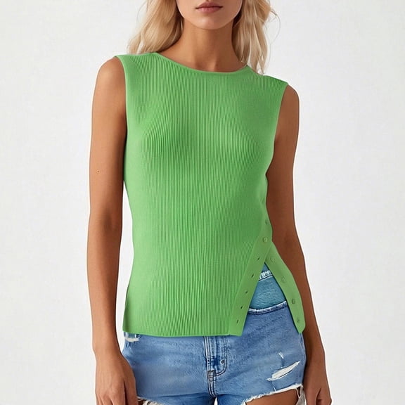 Women's Asymmetric Button Side Slit Ribbed Sleeveless Boat Neck Knit Vest X Large And Sleeveless Cardigan for Women Men Zip Sweater Vest Sweater Vest with Attached Shirt L V Sleeveless Tunic Top