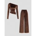 thumbnail image 1 of Women's Asymmetric Long Sleeve Ruched Top & Drawstring Wide Leg Pants Elegant 2 Piece Outfit Set, 1 of 8