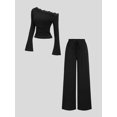 thumbnail image 1 of Women's Asymmetric Shoulder Flare Long Sleeve Ruched Top & Drawstring Wide Leg Pants Elegant 2 Piece Outfit Set, 1 of 8
