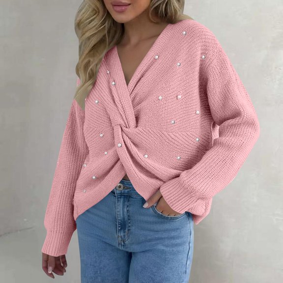Women's Asymmetrical Batwing Sleeve Pullover, Deep V-Neck Backless Knit Sweater, Loose Fit Casual Top, Stretchy Comfort Wear, Unique Design Everyday Blouse, Soft Relaxed Tunic Pink One Size