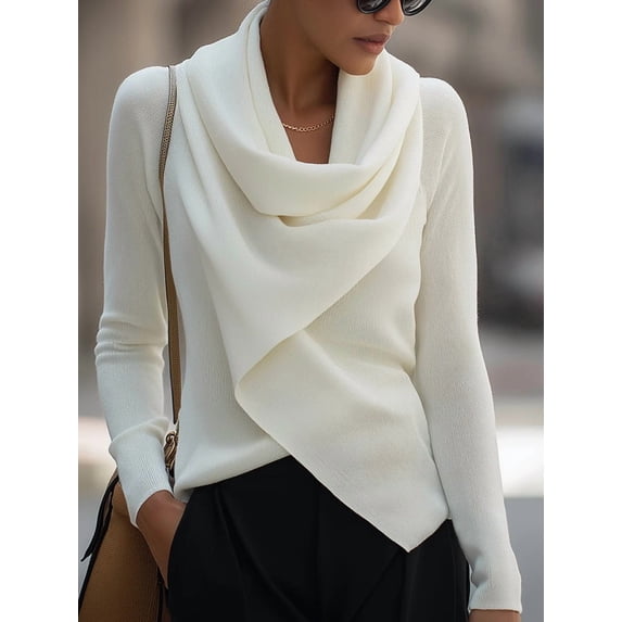 Women's Asymmetrical Cowl Neck Sweater, Draped Front Long Sleeve Solid Knit Pullover Top