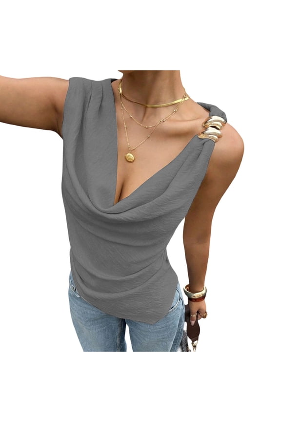 Women's Asymmetrical Draped Cowl Neck Sleeveless Tank Top Going Out Tops Elegant Brunch Clothes Silver