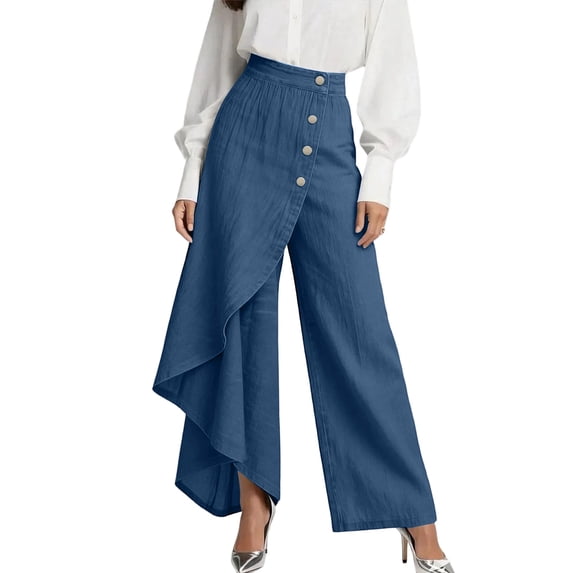 Women's Asymmetrical Hem Wide Leg Pants High Waist Button Front Wrap Casual Pants Khaki XL