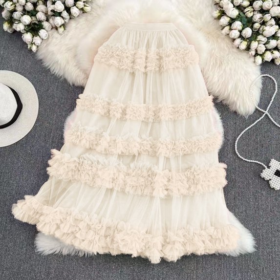 Women's Asymmetrical Mesh Skirt, Minimalist Layered Tulle Skirt, Versatile Midi Skirt for Casual Chic or Office Wear, Beige - One Size