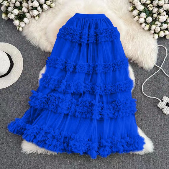Women's Asymmetrical Mesh Skirt, Minimalist Layered Tulle Skirt, Versatile Midi Skirt for Casual Chic or Office Wear, Blue - One Size