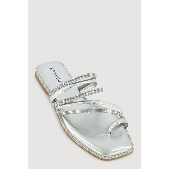 Women's Asymmetrical Metallic Rhinestone Strappy Toe Loop Sandals