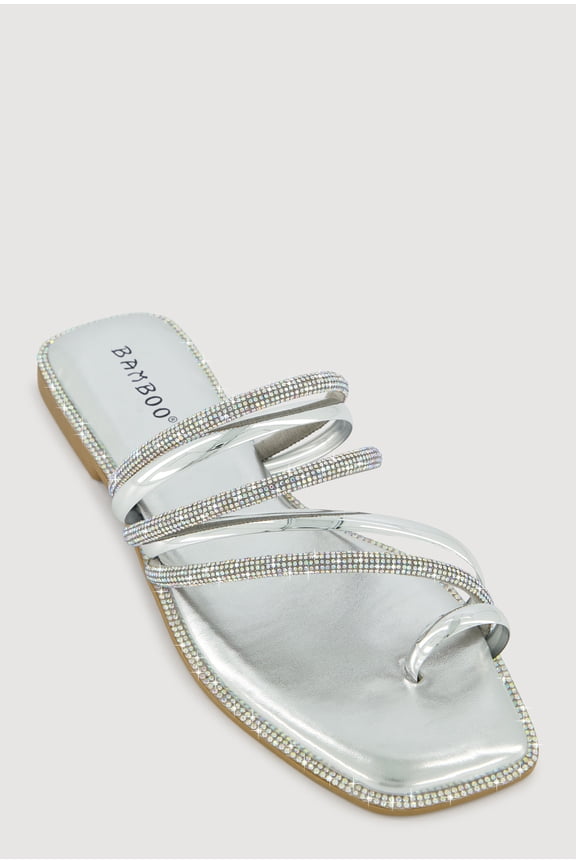 Women's Asymmetrical Metallic Rhinestone Strappy Toe Loop Sandals