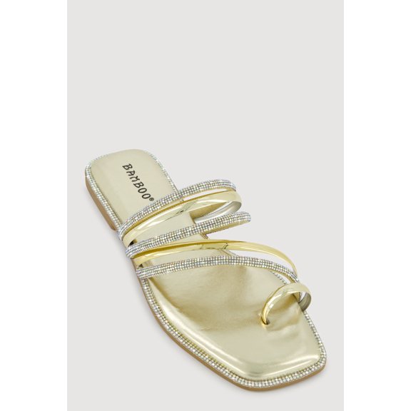 Women's Asymmetrical Metallic Rhinestone Strappy Toe Loop Sandals